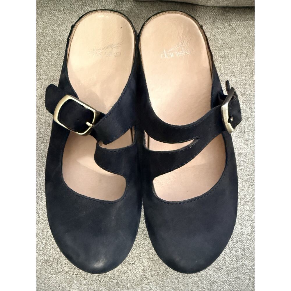 Dansko Black Suede Clog Mules with Tan Wood-Look Heel - Picture 3 of 10